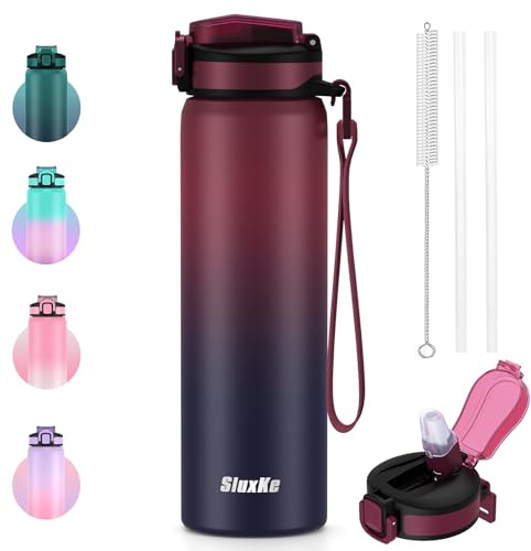 SLUXKE 1L Edelstahl-Trinkflasche Trinkhalm, 1000ml Isolierte mit abnehmbarer Schlinge, undichtungsfreie Metall Thermosflasche hält Getränke kalt oder heiß – für Arbeit, Sport und Outdoor