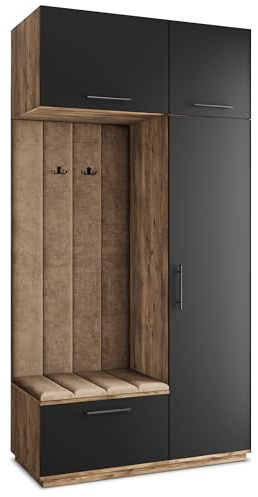 Masseno Flugarderoben Set Rema, Kleiderschrank-Set mit Sitzbank, Garderobenschrank Flur mit 5 Regalböden, Eiche Lefkas/Schwarz