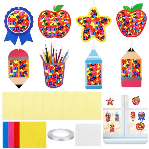 16 Stück Schulanfang Bastelset Kinder, DIY Fensterbilder Basteln Set mit Buntem Konfetti, Einschulung Fensterdeko mit Stift Apfel Motiven, für Klassenzimmer Schulbeginn Geschenk Gruppenbasteln Schule