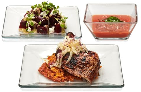 Libbey Tempo Dinnerware Set - Square Clear Glass Plates and Bowls Set of 12, Dishwasher Safe Glass Dishes for Dinners and Parties