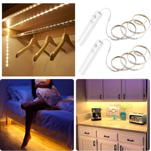 cuzile LED Strip Lights Battery Operated Waterproof LED Light Strip 4000K Warm White with Motion Sensor for Wardrobe Shelf Cabinet Kitchen etc, 2 Pieces