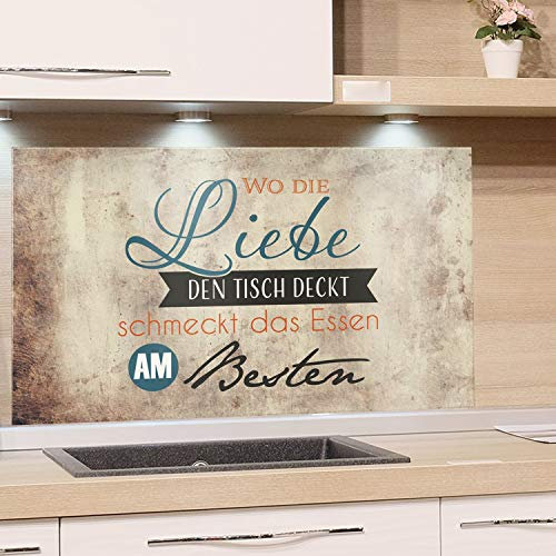GRAZDesign Spritzschutz Küche Wandpaneele Küche braun, Fliesenspiegel Küche Spruch, Glasrückwand Küche Liebe den Tisch deckt, Küchenrückwand Glas braun / 80x40cm