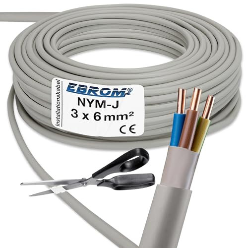 EBROM NYM-J 3 x 6 mm² – Cable de instalación – Cable de instalación – Gris – Selección en incrementos de 1 metro – Se vende por metros exactamente – Su selección: NYM-J 3 x 6 mm2, longitud: 6 metros