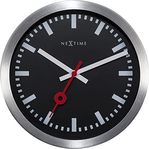 NeXtime Bahnhofsuhr,negativ Ziffernblatt (schwarz), Balken statt Ziffern (weiß), lautlos, Silber, Alu, Glasabdeckung, 19 cm x 3,8 cm, 3998STZW