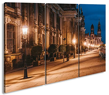 deyoli Leinwandbild Abendstimmung am Elbufer in Dresden – Glanz der Stadt Format: 120x80cm (3Teilig) XXL Kunstdruck Bild auf Holzrahmen/Wandbild/Wohnzimmer Dekoration