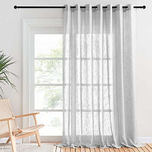 PONY DANCE Voile Gardine Wohnzimmer Modern- 1 Stück Raumteiler Vorhang Halbtransparent Leinentextur Extra Breite Gardinen für Raum Teilen Ösenvorhang Hellgrau, H 240 x B 254 cm