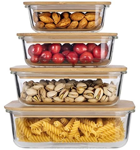 HOCHSTE Meal Prep Glass Food Storage Containers (Set of 4), Eco-friendly Glass Containers with Bamboo Lids, Nesting Glass Meal Prep Containers, Airtight Lunch Box Glass, Tupperware glass Containers