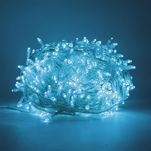 Luccika serie stringa luminosa di luci da 15 Metri con 300 Led Acquamarina per albero di Natale da Esterno ed Interno controller 31V con 8 giochi di luce e Memoria cavo trasparente