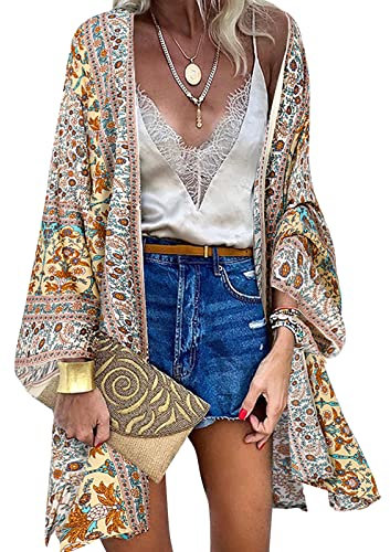 ZANZEA Women's Kimono Cardigan Bohemian Floral Print Beach Cover-Up 3/4 Sleeve Chiffon Bikini Sarong Shawl Tops Alpha Beige M