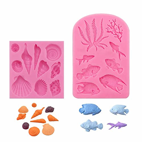 Meeresmotiven Fondant Silikon Formen Seifenform - 3D Ozean Tier Dekoration mit Muschel Koralle Fisch Geeignet für Kekse SüßIgkeiten Cupcake Schokolade Kuchen Seifen Epoxidharze, 2 Stück