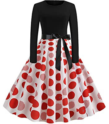 YMING Femme Swing Audrey Hepburn Style Robe avec Ceinture années 1950 Robe à Carreaux Robe de soirée à Manches Longues Blanc Rouge L