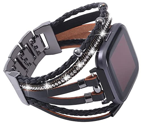 Posh Lederarmbänder kompatibel mit Fitbit Versa/Fitbit Versa Lite/Fitbit Versa 2 Armbänder für Damen, handgefertigte, Schmuckarmband, Armband für Fitbit Versa Smartwatch (schwarz)