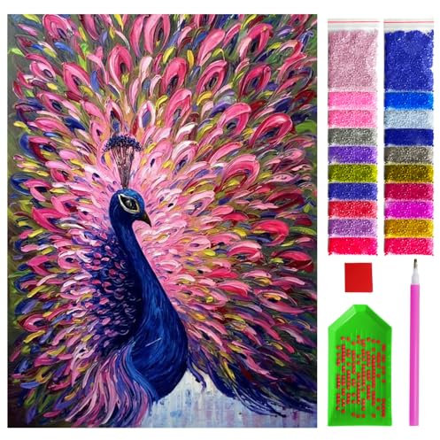 ARTULIO Diamond Painting Set - Majestätischer Pfau mit karminrotem Schwanz - 30x40 cm – 5D Diamant Painting Bilder DIY, Diamond Painting Erwachsene