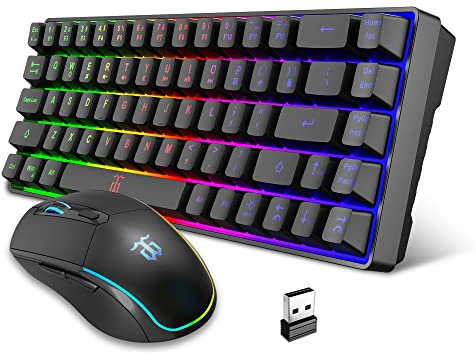 Snpurdiri 60% Wireless Gaming Keyboard and Mouse Combo,LED Backlit Rechargeable 2000mAh Battery,Small Membrane But Mechanical Keyboard + 6D 3200DPI Mice for Gaming,Business Office