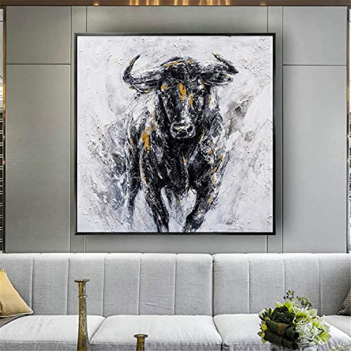 Jianghu Art Starker Stier Ölgemälde Große Größe Große Abstrakte Leinwand Bild Wandkunst Schwarz Weiß Dekor Wandbild Bürorahmen Poster 80x80cm(31x31in) mit Rahmen