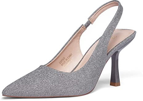 GENSHUO Women's Kitten Slingback Heels 3 inch Pointed Closed Toe Stiletto Pumps Slip on Elastic Strap Backless Wedding Party Dress Sandals Shoes, Grey Glitter, 4.5 UK