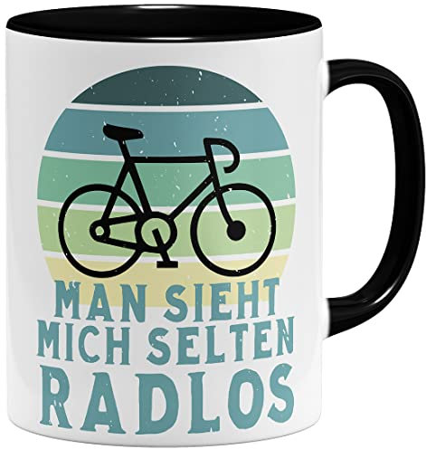 OM3® Fahrrad Tasse mit Spruch - man sieht mich selten Radlos | Keramik Becher | 11oz 325ml | Beidseitig Bedruckt | Schwarz