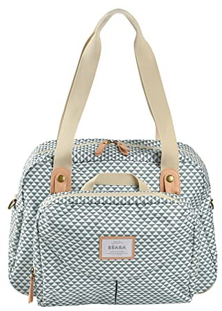 BÉABA,Sac à Langer Genève II, Modulable, Grande contenance, Rangements multiples, Pochette avant amovible, Matelas à langer, Pochette repas isotherme, Système attache poussettes, Play Print Vert Sauge