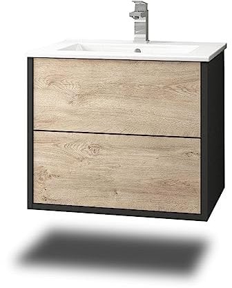 Stil.Zeit Evelia Badmöbel inkl. Waschbecken | Waschtisch mit Unterschrank 60.5 cm | Anthrazit/Dekor Eiche Natur| Push-to-Open/hängend