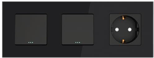 PULSAR Lichtschalter mit Steckdose Unterputz Schwarz Glas, Kombination 3-Fach mit Glasrahmen, Schalter Doppelt 1-Weg und Schuko-Steckdose 16A, 228 x 86mm
