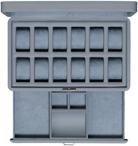 ROTHWELL Luxus Uhrenbox für 12 Uhren - PU Leder Uhrenbox mit Echtglasdeckel - Ausziehbare Zubehörschublade mit mehreren Fächern (Artic Mist)