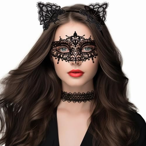 SupreLuck 3 Stück Venezianische Maske Damen, Spitze Catwoman Maske Augenmaske Spitzenhalskette, Faschingskostüme Damen Sexy für Karneval Valentinstag Halloween Kostüm Party Maskenball