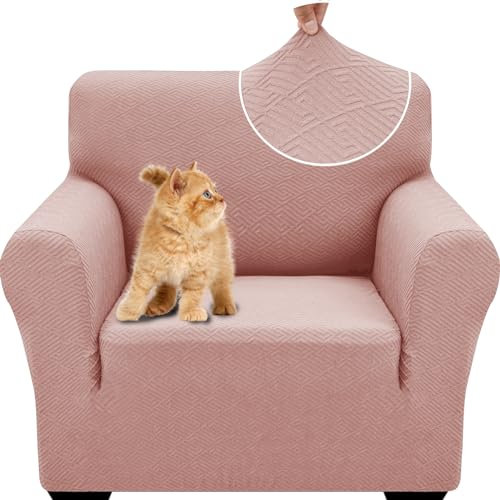 YSTELLAA Housse De Canapé 1 Place, Extensible Housse De Fauteuil, Universelle Sofa Cover avec Accoudoirs, Lavable Antidérapante, Antisalissure, pour Le Salon, Rose Gris