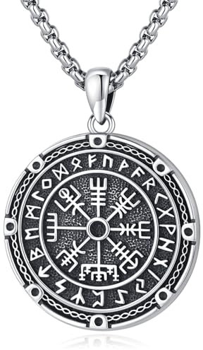 Eusense Wikinger Kompass Anhänger Sterling Silber Vegvisir Halskette Norse Viking Halskette für Frauen Nordic Rune Schmuck für Männer Frauen