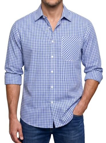 Enlision Mens Plaid Shirt Long Sleeve Check Shirts for Men Smart Casual Button Down Checked Lumberjack Formal Business Work Top with Pocket Regular Fit, Light Blue and White, M