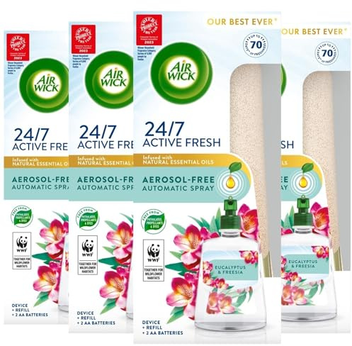 Air Wick Aerosol-Free Automatic Air Freshener Spray Kit, Eucalyptus & Freesia, 4 Gadget & 4 Refill (228ml), 24x7 Active Fresh Odour Neutraliser, Lasts Up to 280 Days, Air freshener For Home