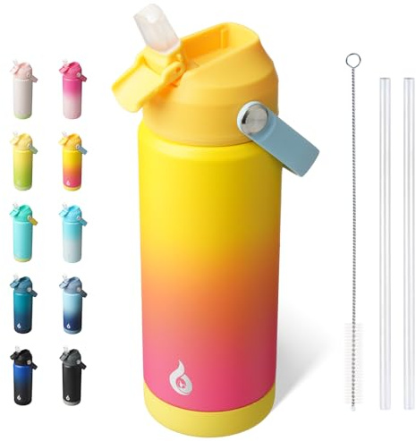BJPKPK Insulated Water Bottle with Straw Lid, 18oz Thermos Cup with Soft Nozzle, Flex Handle & Non-Slip Boot, BPA Free Leak Proof Stainless Steel Metal Thermos, Tumblers, Cups,Rainbow