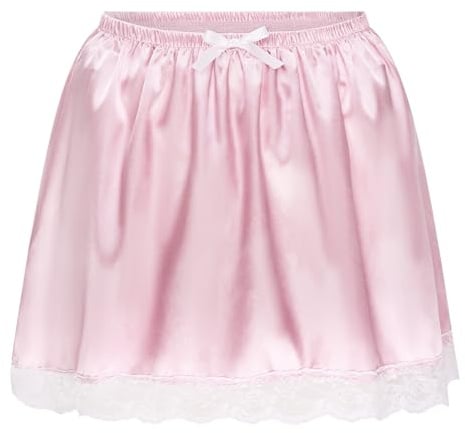 Satini Jupe Sissy Satin Dentelle Coupe Trapèze | Toucher Soyeux, Bordure Fleurie, Ligne Évasée, Ceinture Élastique à Nouer, Travestissement, Tailles S-XXL