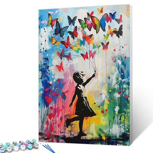 Tucocoo Malen nach Zahlen, Bunte Schmetterlinge, 40 x 50 cm, Leinwand, DIY-Ölgemälde für Erwachsene, mit Pinseln und Acryl-Pigment, kleines Mädchen, Banksy-Stil, Bild für Heimdekoration, Geschenk