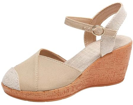 Luckywaqng Espadrilles Aus Baumwolle, Gewaschenes Finish, Seitlicher Verschluss des Armbands Mit Metallschnalle Damen Wedge Heel Keilsandalen Geschlossene Outdoor Dicke Sohle Plattform Wanderschuhe