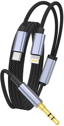 WORLDBOYU USB C Lightning to 3.5mm Aux Audio Cable, 2 in 1 Type C Lightning to 3.5mm Car Aux Stereo Headphone Jack Cable with PD Charging Compatible with iPhone 15 Pro/14/13, Galaxy S24/S23 3.3FT