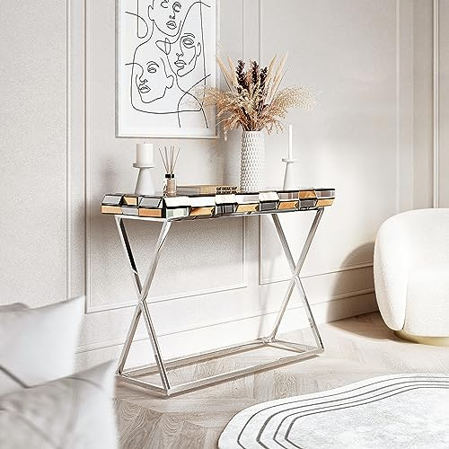 FABS Knightsbridge Collection – Table console de luxe en miroir – Effet verre 3D – Chrome croisé – Chambre – Salon – Couloir