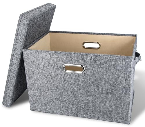 Single Fabric Dark Grey Storage Box With Lid - Large Cube Basket for Shelves, Stackable Wardrobe Bin, Foldable Pop-up Container - 38 Litre, 44x30x30cm