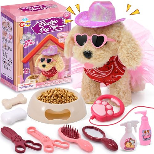 Toyssa Spielzeug Hund der Läuft Bellt Schwanzwedeln mit Leine, Interaktives Haustier Rollenspiel Anziehen Füttern Baden Hund Kuscheltier Geschenk Mädchen 3 4 5 6 7 Jahre für Geburtstag Weihnachten