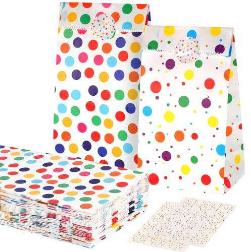 woric 50 Stück Kleine Papiertüten Kindergeburtstag, 18x9x6cm Geschenktüten Klein Mitgebsel Tüten mit 60 Aufkleber Bunt Candy bar Tüten für Hochzeit Mitbringsel Kindergeburtstag (2 Stile)