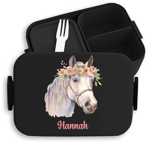 Kinder Bento Box Midi Mepal Bentobox - Pferd - Süße Pferde Brotdose für Mädchen | Auslaufsicher Ideal für Schule und Kindergarten | Mädchen Lunchbox mit Trennfach - 900 ml - Schwarz
