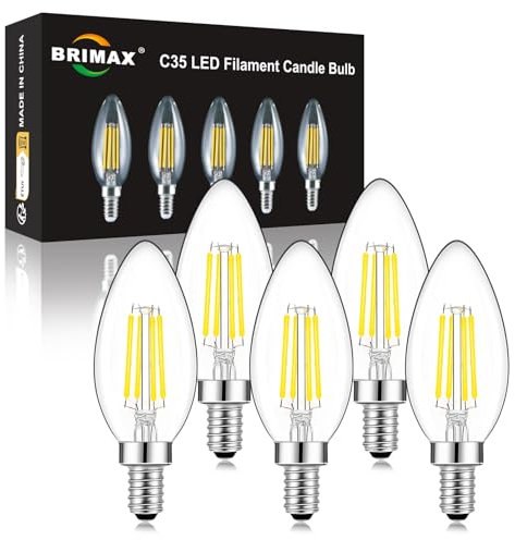 BRIMAX E14 Led Light Bulb Dimmable,4w C35 E14 Small Screw Light Bulb Cool White 5000K, 40W Equivalent C35 Candle Light Bulbs for Ceiling Lights and Chandelier,5 Packs