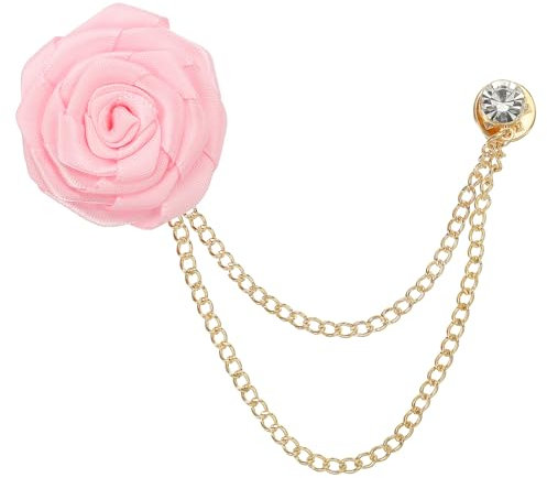 QUARKZMAN Broches à Chaîne Fleur Rose 4cm, Broche Costume Revers Homme Marié en Alliage Tissu, Chaînes Suspendues de Costumes pour Mariage Dîner Cérémonie, Rose