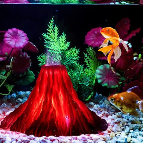BORDEAG Aquarium Vulkan Ornament Kit, Vulkan Aquarium Dekoration mit Bunten LED-Lichtern, Vulkan Dekoration, Harz-Dekoration für Garnele, Fisch und Schildkröte
