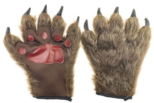 Halloween Handschuhe Bär Pfote Kostümhandschuhe mit Plüschhaar Bärentatze Handschuhe mit Nagel Halloweenkostüm Haarig Wolf Werwolf Hände Kostüm Horror Tiertatzen für Cosplay Maskerade Fasching Braun