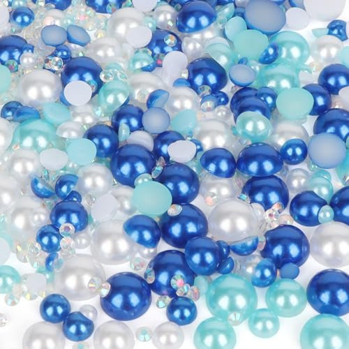 OWill 30g Mix Flat Back Pearls and Rhinestones for Crafting Mixed Colour Multi-Size for Hair Gems, Nail Art, Makeup and Face Decorations (White&Blue)