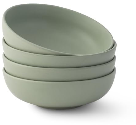 JoyJolt Mesa 30oz Stoneware Pasta Bowls Set of 4, Salad Bowls, Serving Bowls for Kitchen Oatmeal Soup Dinner, Matte Sage Green Dishwasher and Microwave Safe Wide and Shallow Plate Bowls