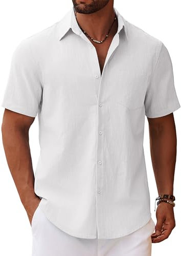 COOFANDY Uomo Camicia Cotone Camicia a Maniche Corte Camicia Estiva Camicia Casual Camicia da Spiaggia Vacanze vestibilità Regolare Bianco L