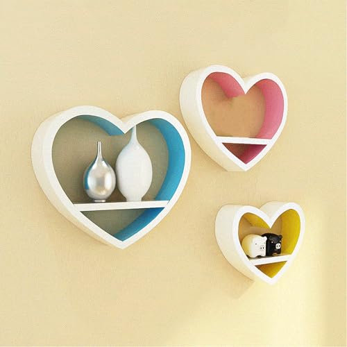 ZYJIX Schwebende Herzförmige Wandregale – Kleines Aufbewahrungsregal Für Wohnzimmer, Schlafzimmer, Badezimmer – Schwebendes Holzregal Für Die Wanddekoration Zu Hause(Size:Set of 3,Color:Bunt)