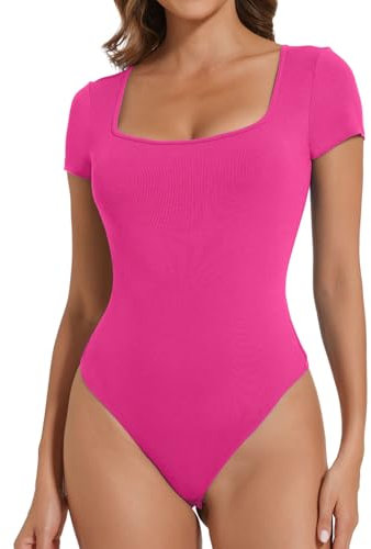 Joyshaper Body da donna a maniche corte, con scollo angolare, elegante, da donna, estivo, maglietta, Rosa/Scollo quadrato, S