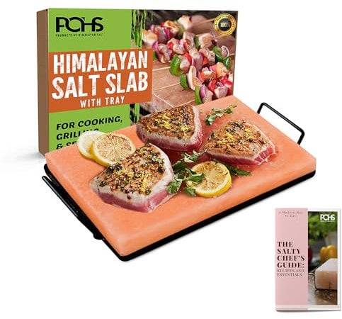 Himalayan Salt Block Cooking Plate 12x8x1.5 for Cooking, Grilling, Cutting and Serving, with Metal Tray & Recipe Booklet Unique Gifts for Men, Women, Chefs & Cooks
